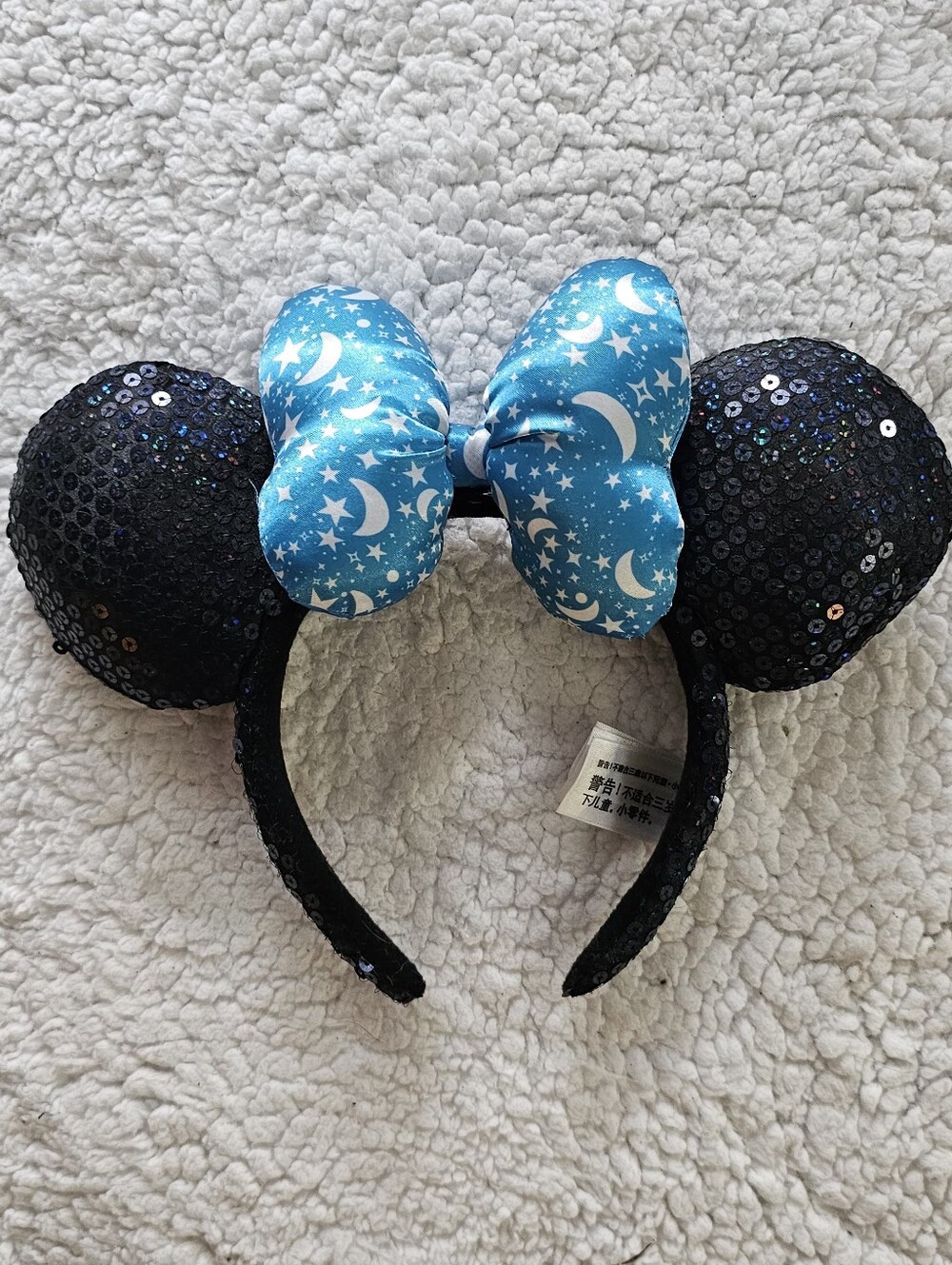Disney Black Sequin Minnie Ears Headband with Blue Moon & Stars Bow